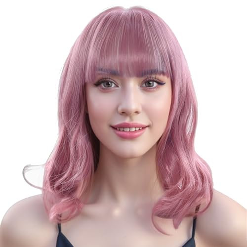 IMISSU Kurze lockige Haare Bob Perücken Cosplay Perücke mit Pony Halloween Kostüm Party Kopfbedeckung für Frauen (Rosa)
