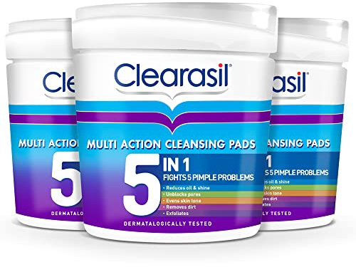 Clearasil 5-In-1 Multi-Action Cleansing Salicylic Acid Pads, Face Exfoliating For Acne Prone Skin, Unblock Pores, Reduces Blackheads, Pimples & Excess Oil, Everyday Spot Prevention, 65 Each x 3