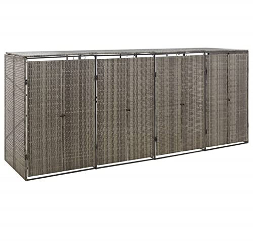 Keketa Quadruple Wheelie Bin Shed, Metal Wheelie Bin Storage Shed Hideaway, Rattan Effect Dustbin Sheds, Outdoor Patio Garden Container Cover Lockable Grey 274x80x117 cm Poly Rattan