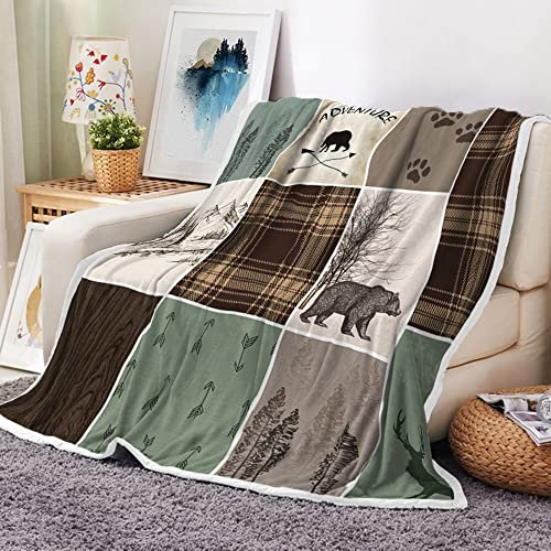 Cabin Retro Rustic Lodge Flanell Überwurf Decken, Bär Hirsch Land Jagd Wildtier Gemütlich Warm Bett Couch Decke Weiß Fleece Flanell Überwurf zum Dekorieren des Zimmers und Schlafzimmers Camping Reisen