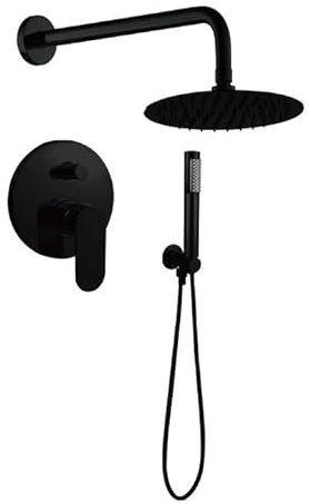 SOLVEX SP-90110-N Kit complet de douche encastré avec pommeau de douche rond en acier inoxydable de 20,3 cm et douchette à main en acier inoxydable Noir