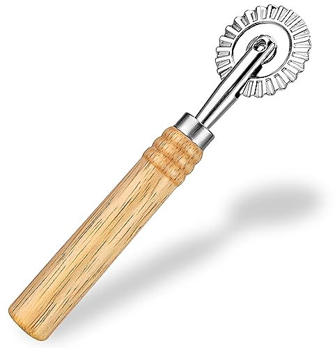 COMNICO Pasta Cutter Wheel Zinc Alloy Long Wooden Handle Ravioli Stamp Maker Press Rolling Rotary Cutter Pizza Pastry Tools Fluted Edge Molds Home Attachment Kitchen Gadget Features
