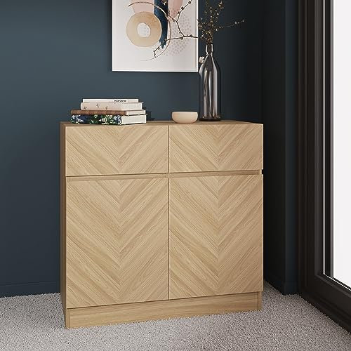GFW Catania Narrow Compact Sideboard Cabinet Unit With 2 Storage Drawers & 2 Storage Cupboards, Oak Furniture For Living Room, Dining Room, Hallway & Office, Euro Oak D39.8 x H76 x W79cm