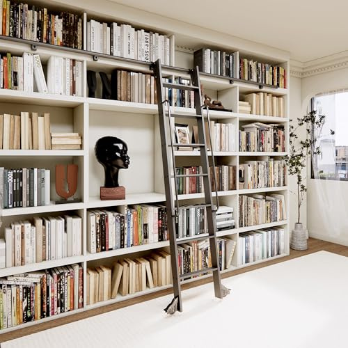 HARDJULAN 87 Telescopic Sliding Library Ladder with Handrail, 4FT Track