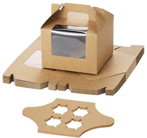 Coolty 25 Stück Cupcake Boxen 4 Löcher Karton Verpackung Boxen Bäckerei Gebäck Boxen mit Griff für Cookies Muffins Cupcakes Desserts Torten (Braun)