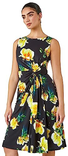 Roman Limited Floral Twist Detail Stretch Dress for Women UK - Ladies Everyday Holiday Spring Summer Comfy Soft Evening Vacation Work Party - Petite Black Yellow - Size 12