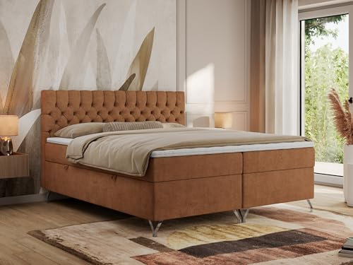 MKS MEBLE Boxspringbett 180x200, Bett 180x200 mit Matratze H4, Boxspringbett 180x200 mit Bettkasten und Topper, Polsterbett 180x200 Füße - GRIMALDI - 180x200 - Orange Struktur - H4