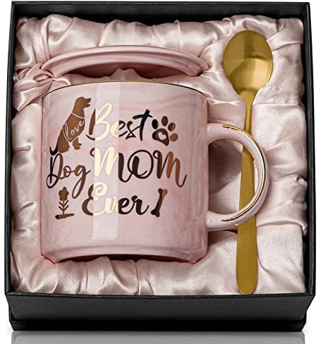 Biching Dog Mum Gifts for Women, Dogs Lovers Gifts, 14oz Best Dog Mum Ever Mug - Pink Marble Coffee Cup with Gold Pattern, Microwave Dishwasher Safe, Lid, Golden Spoon,Greeting Card, Gift Box