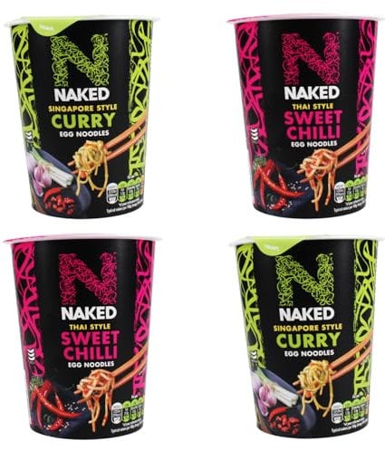 Instant Noodle Spicy Flavour 4 Pack Bundle - with Naked Noodle Thai Sweet Chilli and Singapore Curry 4 x 78g (2 of each)