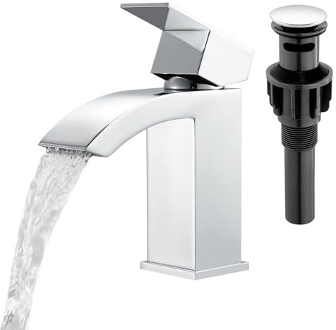 ubeegol Wasserfall Wasserhahn Bad,Chrom Wasserfall Waschtischarmatur Badezimmer Waschbecken Armaturen mit Ablaufgarnitur Push-Open,Einhandmischer Heiß/Kalt Mischbatterie,Edelstahl Poliert