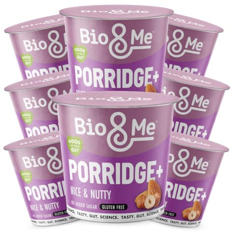 Bio&Me: Nice and Nutty Gluten Free Porridge 8-Pack (8 x 58g pots) - High in Fibre, Low Sugar - On The Go Breakfast - Packaging may Vary