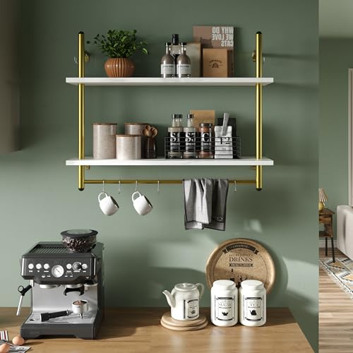 Bestier Floating Shelving 31 Kitchen Wall - Mounted Shelf with Towel Bar Hooks Coffee Bar Shelf Wine Hanging Display Rack Bookshelf Living Room Decor Bathroom - White Marble