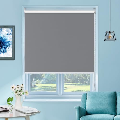 UrMoon Verdunkelungsrollo mit Bohren für Fenster, Rollo Doppelrollo für Sicht-und Sonnenschutz Wand-und Deckenmontag Fensterrollo (Grau, 90cm W x 210cm H)