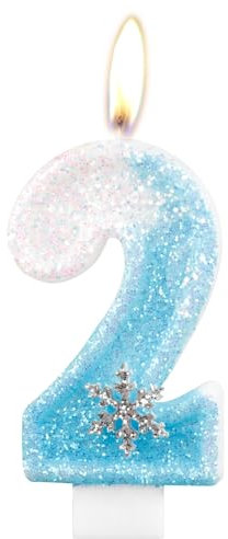 Geburtstagskerzen, glitzernde Zahlenkerze zum 2. Geburtstag, Schneeflocke, Zahl 2, Kerzen für Kuchen, blau-weiße Eiskönigin Kuchen-Kerzen, Toppers für Mädchen, Geburtstagsdekorationen, Partyzubehör