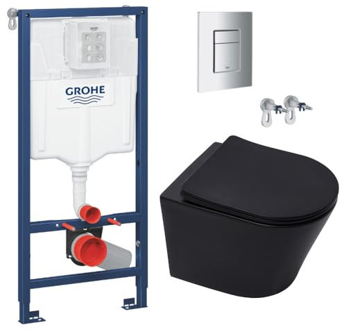 WC Suspendu Pack Complet Accessoires - Pack WC Grohe Bâti-support Grohe Rapid SLCuvette SAT noire mat, Abattant frein de chute, Plaque Chrome, Abattant WC,Cuvette Toilette, Chasse d'eau Wc, Mécanisme
