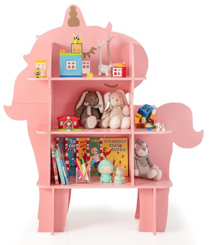 COSTWAY Kinderregal 3 Ebenen, Spielzeugregal Holz mit offenen Regalen, Niedliches Bücherregal Kinder Kinderzimmer Regal für Kinderzimmer, Spielzimmer, Kindergarten (Rosa,Einhorn)