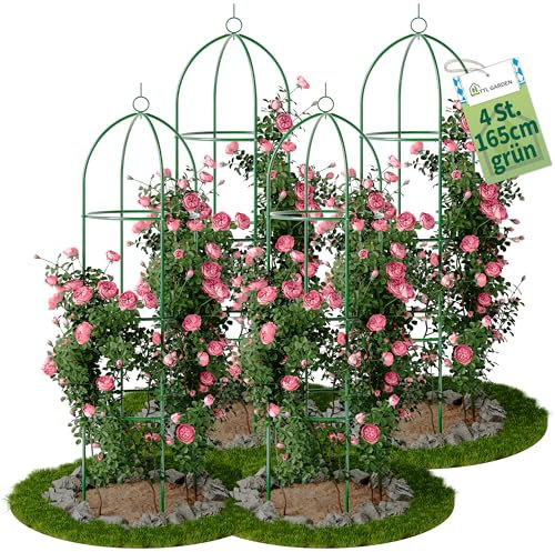 TTL Garden Obelisk Rankhilfe L 165x40cm grün 4er Set - Rosen Rankgitter Metall rostfrei für Kletterpflanzen Rosen Clematis - pulverbeschichteter Stahl 165 cm hoch 40cm Ø Rankturm Tomaten Gurken