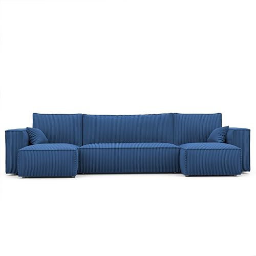 GREKPOL Ecksofa Paris U Poso Cordstoff Sofa Couch mit Schlaffunktion Bettkasten (Blau Poso 05)