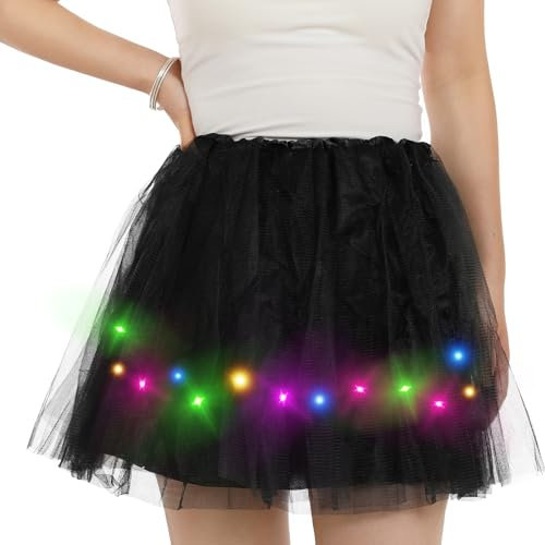 DGSHIRLDJO Tüllrock Damen,Tütü Rock Mit LED Lichter 4 Lagig Petticoat Tütü Adult Halloween Karneval Party Kostüm Tanzrock (DE/NL/SE/PL, Alphanumerisch, Einheitsgröße, Regular, Regular, Schwarz)