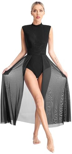 Xnihocha Lyrisches Tanz Kostüm für Damen Ärmellos Ballettkleid Tüll Maxikleid Modern Contemporary Gymnastikbody Bühnenanzug Tanzkleidung Schwarz S