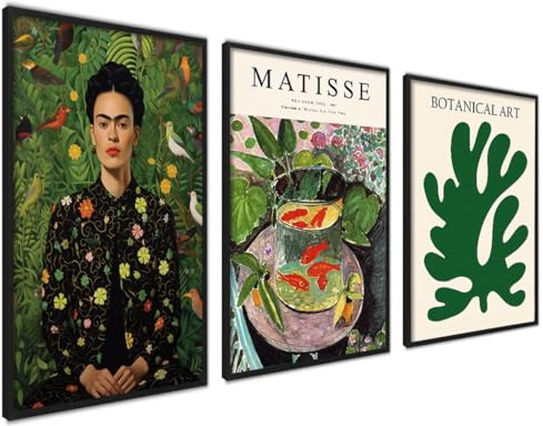 3er Set Poster 40x50cm Schwarz Wanddeko Wohnzimmer Ideal als Geschenk Flur | Moderne mit Rahmen Stilvolle Matisse Frida Kahlo Floral Botanik Grün Collagen Bilder Natur Style, Modernes Design