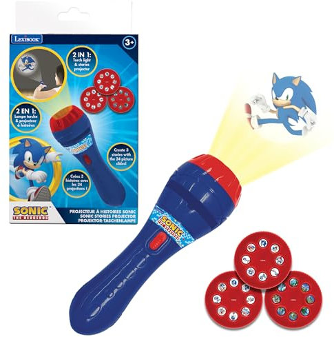 Lexibook, Sega The Hedgehog, Proyector de Historias y Linterna, Proyecta 24 imágenes del Mundo de Sonic con 3 Discos, Color Red/Blue, Talla única (LTC050SN)