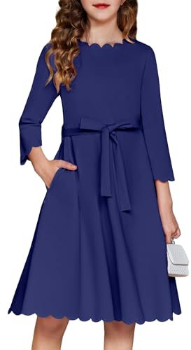 Arshiner Mädchen Partykleid Herbstkleid Scallop Trim Belted A-Line Formal Festliches Midi Kleider mit Taschen Marineblau 160