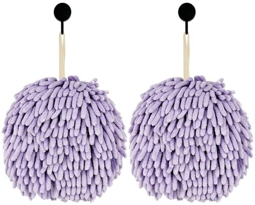 Fuzzy Ball Hand Towels, Set of 2, Chenille Quick Dry, 6.9inch(Purple)