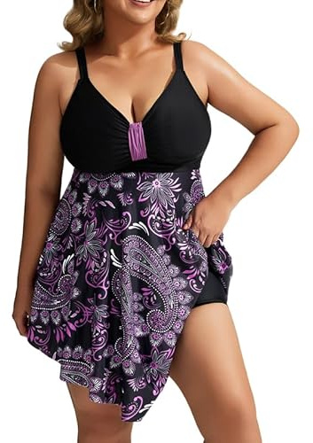 Hanna Nikole Modest Swimwear Women Plus Size Skirted One-Piece Swimsuits Tummy Control Swimwear Shape Swimming Costume Ruffled Swim Dress Soft Bathing Suits with Swim Shorts