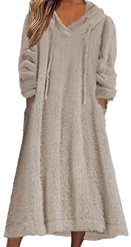 Cexiakong Bademantel Damen Lange Morgenmantel mit Reißverschluss Oversized Hoodie Fleece Nachtwäsche Hausmantel mit Taschen Wearable Sweatshirt Bequeme Nachthemd Kapuze Plüsch Loungewear Retro