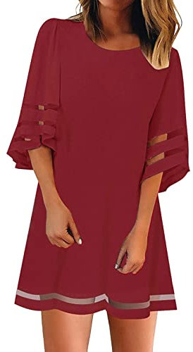Länge Kleid Panel Hals O Top Mesh Ärmel Shirt 3/4 Bluse Lose Kleid Damen Glocke Damenkleid Midi Sonnenkleider für Frauen Casual Sommer, rot, XXL