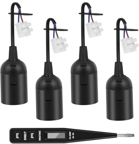 AUAUY 4Pack Portalamparas E27 con Cable, Portalamparas E27 Techo, Portalámparas para Obras de Construcción E27+Comprobador de Tensión VDE, Casquillo E27 con Cable para Obras Construcción E27, Negro