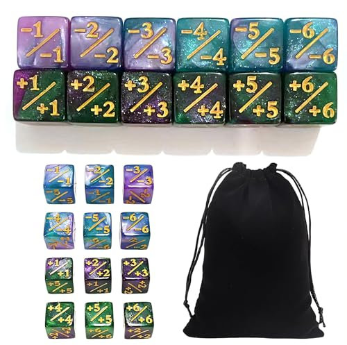OUDQFCJ Set di 12 dadi per il conteggio dei cubi con sacchetto di velluto per un divertimento multiuso con i numeri positivi e negativi, compatibile con gli accessori per il gioco delle carte, dadi