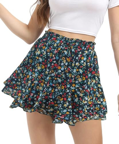 Skort Damen Blumen Kurz Rüschen Plissee Röcke mit Innenfutter Shorts Urlaub Minirock Boho Frezeitrock Strandrock