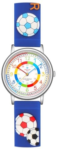 Alienwork Fußball Jungs Lernuhr Kinderuhr Jungen Uhrzeit Lernen Silber Kautschuk-Armband Blau Mehrfarbig Kinder-Uhr Wasserdicht 5 ATM Zeit Lernen