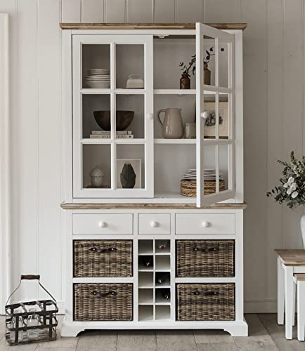 Kitchen Display Cabinet with Wine Rack | W120 x H200 x D42 cm | Glass Door Dresser, 3 Drawers, 4 Storage Baskets, Wine Rack | Quality Dining Room Furniture (white)