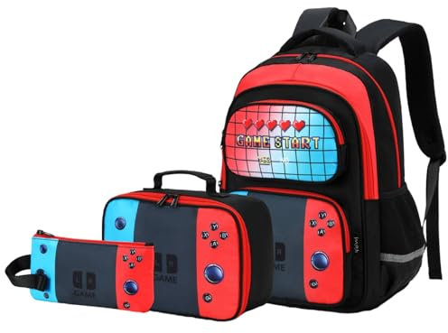 Imyth New Kids Backpack for Boy Girls School Gift Bookbag Lunch Box Pencil Bag 3 in 1 Set Cool Game Patterns
