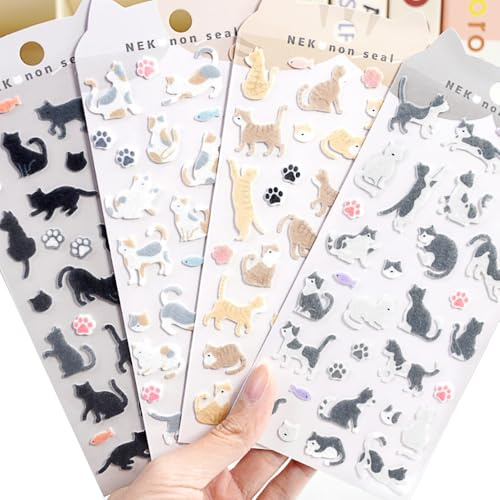 SSyang 4 Blatt Flauschige Filzsticker mit Katzen, Scrapbook Stickers, Sticker Fotoalbum, Journal Sticker, für Tagebuchzubehör, Scrapbook Zubehör, Planer und DIY Schreibwaren
