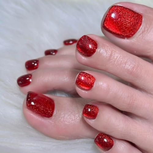 Square False Toenails Short - 24Pcs Red Cat Eye Press on Toes Nails - Reusable Stick on Toenails - Full Cover Fake Toenails Acrylic Toe Nail Tips for Women Girls Art Accessories