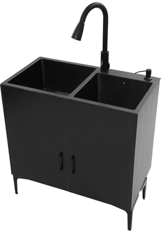 Spültisch 75 cm Breit Küche Spüle mit Unterschrank 2 Becken Ausziehbar Küchenarmatur Abtropffläche Seifenspender Abflussrohr Abflusssieb 360° Drehbarer Wasserhahn