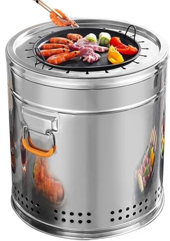 WPWSDWMX Smokertonne Kohlegrill Vertikaler Drehspießofen, 360°-Grillfass aus Edelstahl, Rauchfreier Grill mit Antihaftbeschichteter Grillplatte und Grillnetz(32 * 36cm)