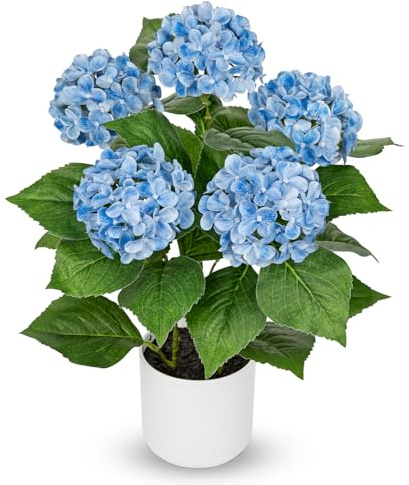 Briful Ortensia artificiale Real Touch in vaso, 50 cm, pianta artificiale con 5 teste di fiori, pianta di ortensia decorativa per soggiorno, tavolo e ufficio, ortensia artificiale, blu