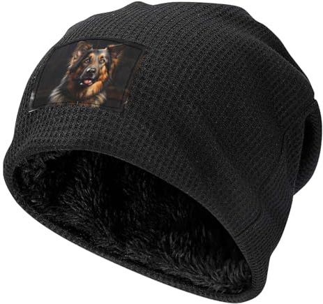 Erwqavc Warme Mütze mit Deutschem Schäferhund, für Damen und Herren, dicker Pullover, Strickmütze, modische Wintermütze, für kaltes Wetter, Outdoor, Schwarz