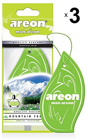 AREON Mon Auto Lufterfrischer Berg Frisch Anhänger Hängend Aufhängen Spiegel Grün Duft Autoduft Pappe 2D Wohnung (Set Pack x 3)