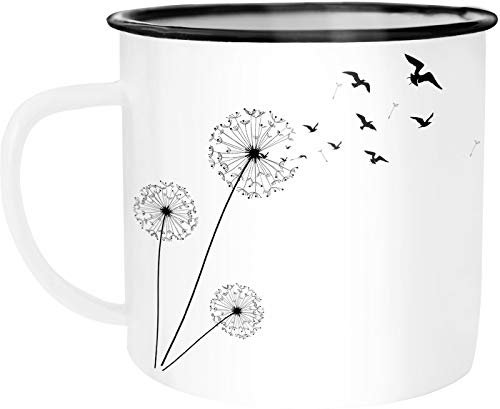 Autiga Emaille Tasse Becher Pusteblume Vögel Dandelion Birds Kaffee-Tasse weiß-schwarz unisize