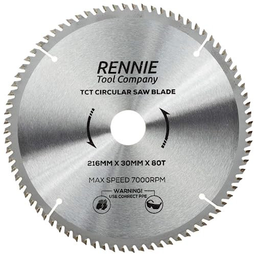 Rennie Tools - 216mm x 30mm x 80T TCT Circular Wood Saw Blade Includes 25mm 20mm & 16mm Bore Reduction Rings. Compatible with Festool Bosch Makita Dewalt Circular Saw,