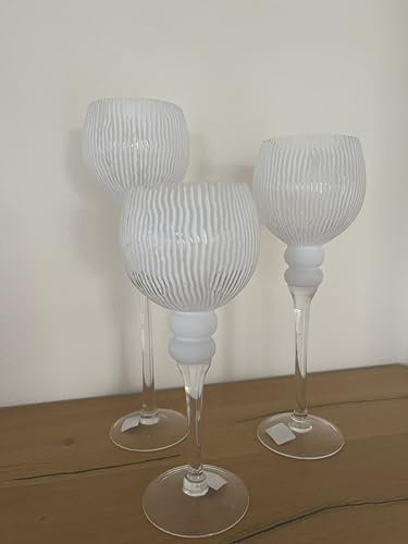 3tlg. Glaskelch Windlicht Set H40/35/30cm mit Weiß/transparenten Kelchen auf Fuß Kerzenhalter Kerzenständer Kerzenleuchter 983