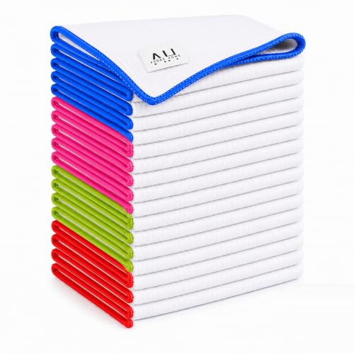 Adore Home Microfibre Cleaning Cloths Pack of 16, Lint Free Polishing | 30x30cm reusable cloths for lint free polishing on glass, mirrors, kitchen, car and stainless steel; four border colours