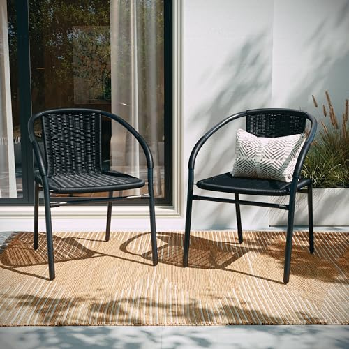 EMMA + OLIVER Black PE Rattan Stackable Patio Dining Chair, 2-Pack