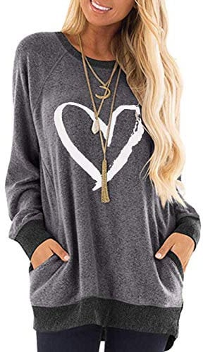 iChunhua Plus Size Heart Tops Graphic T Shirt Soft Spring Tops Blouses for Women Long Sleeve Grey 2XL